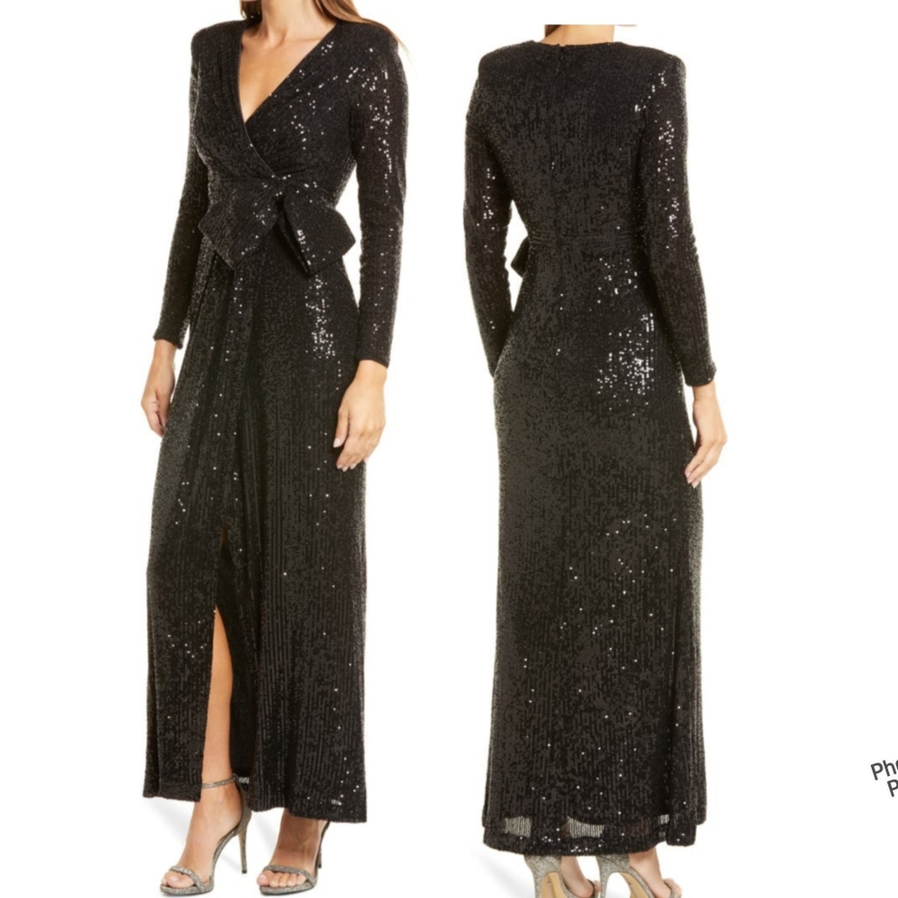 ELIZA J SEQUIN BOW WAIST GOWN